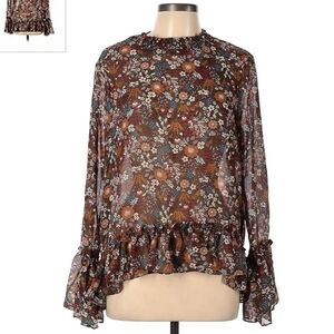 Asos Brave Soul Brown Floral Print Sheer Top Bell Sleeves Women's Large L EUC
